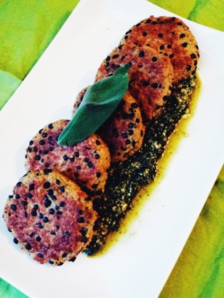 Angela Kim's couscous, beluga lentil and pumpkin patties with a sage pesto.