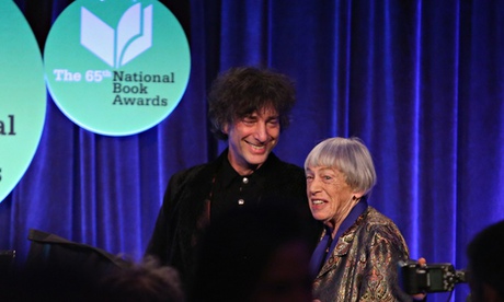 Ursula  Le Guin and Neil Gaiman on stage at the National Book Awards