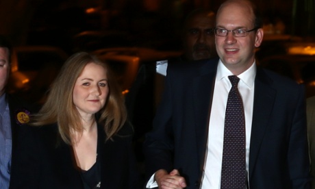 Mark Reckless arriving at the ballot counting centre with his wife Catriona