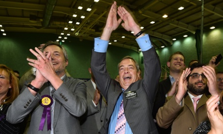 Ukip leader Nigel Farage (C) celebrates as Mark Reckless is announced winner of the Rochester and Strood byelection.