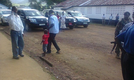 Father and son discharged from Ebola treatment centre.  42 people discharged from Hastings treatment centre near Freetown. Patients collecting supplies that they’ve been given from various organisations.