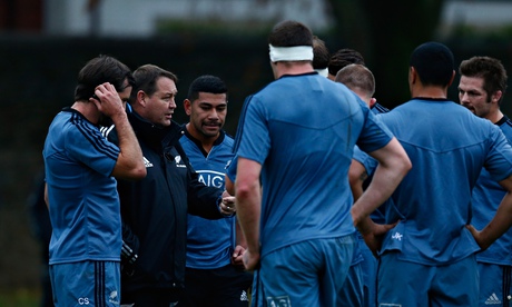 All Blacks head coach, Steve Hansen, with his players during training at Sophia Gardens in Cardiff