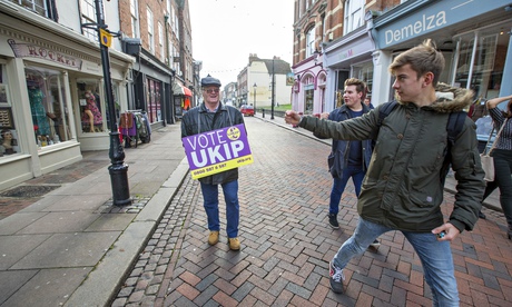 A UKIP supporter and opponents in Rochester High Street during the byelection campaign. Photograph: 