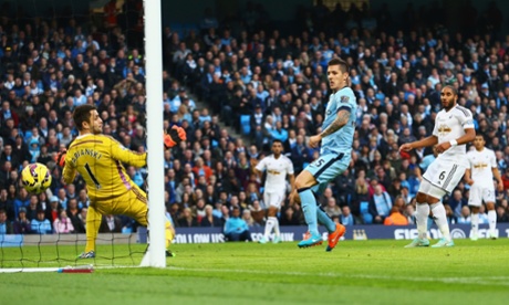 Stevan Jovetic of Manchester City equalises from close range after being set up by Navas.