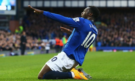 Romelu Lukaku of Everton celebrates scoring a dubious opener, he looked offside.