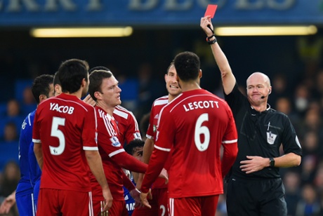 Lee Mason dishes out a red to Claudio Yacob, after a two-footed challenge.