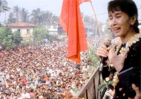 Myanmar pro-democracy leader Aung San Suu Kyi addresses a crowd in Arakan state in this December 2002.