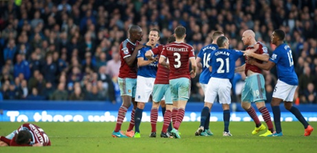 Morgan Amalfitano remains on the floor as tempers flare at Goodison Park.