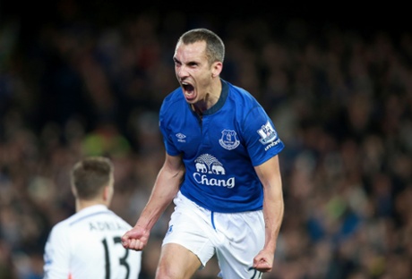 Everton back in the lead, Leon Osman celebrates his goal on his 400th appearance.