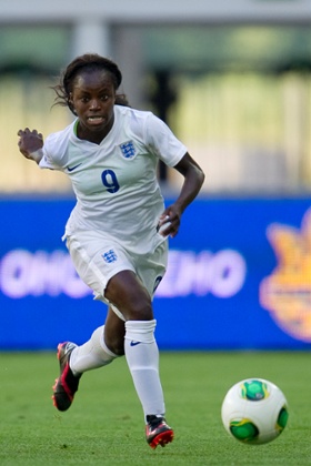 LVIV, UKRAINE - JUNE 19: Eniola Aluko of England Women in action during the FIFA Women's World Cup 2015 Qualifier match between Ukraine Women and England Women at Arena Lviv Stadium on June 19, 2014 in Lviv, Ukraine. (Photo by Adam Nurkiewicz/Getty Images)