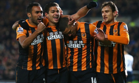 Hull City celebrate the opening goal.