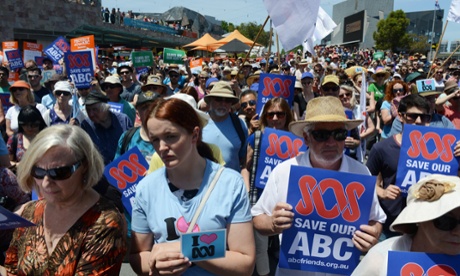 Hundreds of ABC supporters rally to stop cuts to the ABC and SBS at Federation Square in Melbourne, on Saturday.