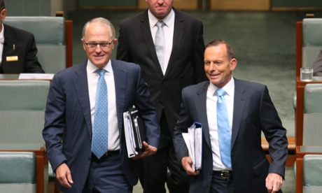 The Prime Minister. Tony Abbott and the communications minister Malcolm Turnbull arrive for question time in the House of Representatives in Parliament House Canberra this afternoon Monday 24th November 2014. Photograph by Mike Bowers for Guardian Australia. #politicslive