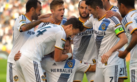 Los Angeles Galaxy midfielder Marcelo Sarvas, celebrates his goal.
