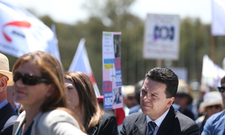Independent MP Nick Xenophon at a rally calling for the government not to cut funding to the ABC.