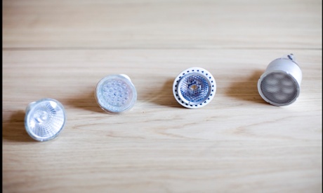 Four different types of energy saving light bulbs.