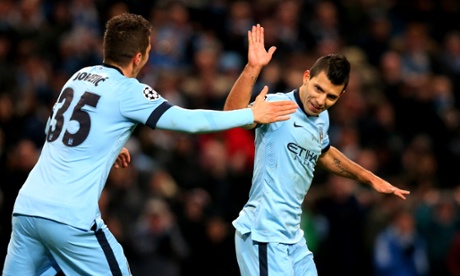 Aguero celebrates with Stevan Jovetic.