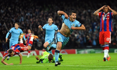Aguero wheels away in delight after scoring the winner.