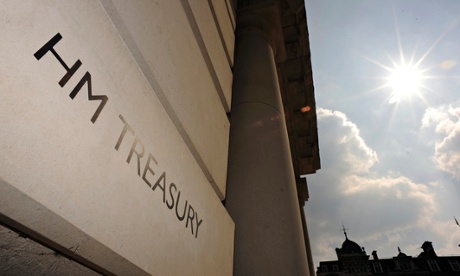 A general view shows the sign outside the Treasury building in London
