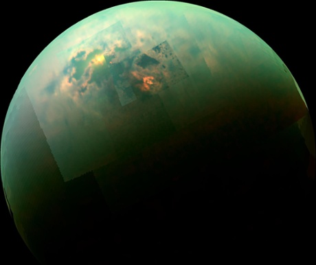 As it soared past Saturn's large moon Titan recently, NASA's Cassini spacecraft caught a glimpse of bright sunlight reflecting off hydrocarbon seas