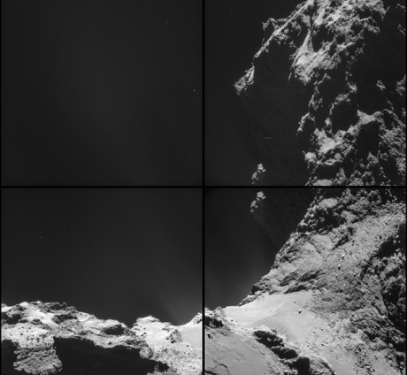 Four-image montage comprising images taken by Rosetta's navigation camera on 18 October from a distance of 9.8 km from the centre of Comet 67P/Churyumov-Gerasimenko (about 7.8 km from the surface).