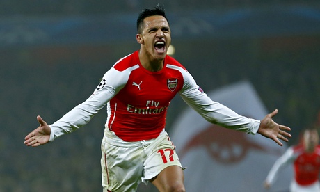 Arsenal's Sanchez celebrates his goal against Borussia Dortmund in Champions League match in London