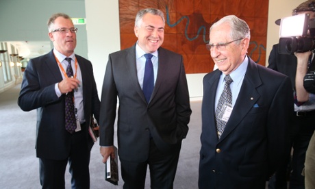 Treasurer Joe Hockey with the founding President of the National Press Club Tony Eggelton (right) and author Steve Lewis at the launch of 
