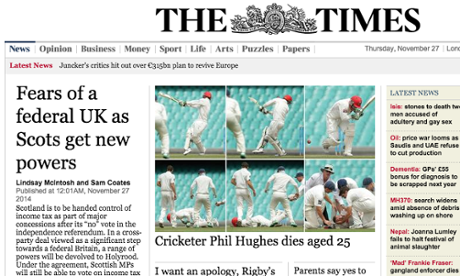 The UK's Times newspaper reacts to the death of cricketer Phillip Hughes