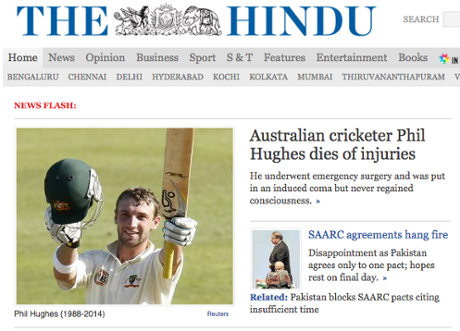 The Hindu news reacts to the death of Phillip Hughes