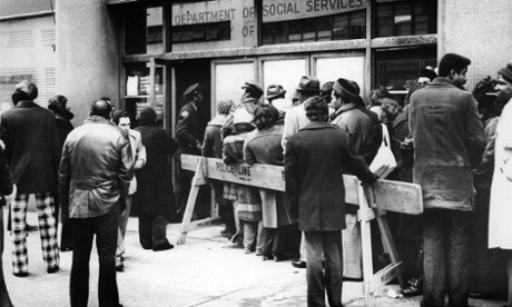 Unemployed New Yorkers line up at a welfare office during the 1973 oil shock.