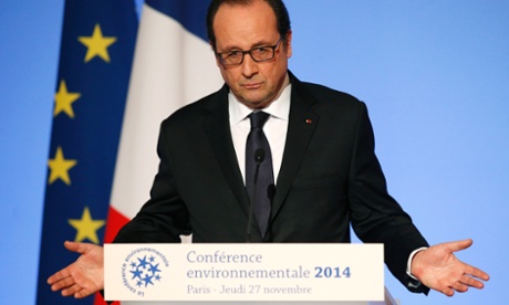 French President Francois Hollande delivers his speech during the Environmental Conference at the Elysee Palace in Paris, November 27, 2014. France will host the World Climate Conference in December 2015.