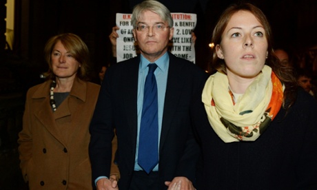 Andrew Mitchell faces the press outside the high court flanked by his wife and daughter.