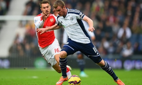 Aaron Ramsey of Arsenal closes down West Brom's Chris Brunt.