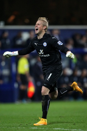 Leicester keeper Schmeichel looks a bit happier than he did just before half-time