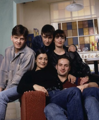 That’s life … the original cast of This Life, from left, Jason Hughes as Warren, Amita Dhiri as Milly, Jack Davenport as Miles, Daniela Nardini as Anna and Andrew Lincoln as Egg. 