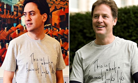 Ed Miliband and Nick Clegg wearing the offending 'Feminist' T-shirts