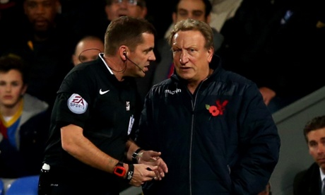 Referee Dowd has words with Neil Warnock, not happy with Dowd’s early non-penalty decision. It should have been given ...