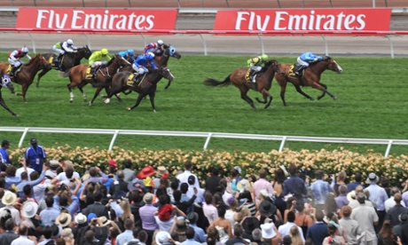 Horses race for the line during a leadup race at Flemington Racecourse on Melbourne Cup day in Melbourne on November 4, 2014.