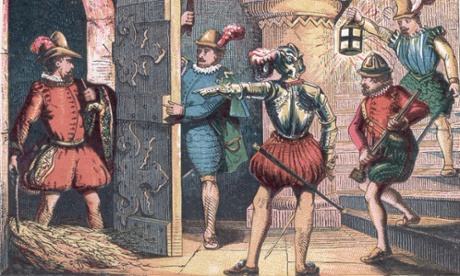 an illustration showing Guy Fawkes being arrested on 5 November 1605 while attempting to blow up the Houses of Parliament.