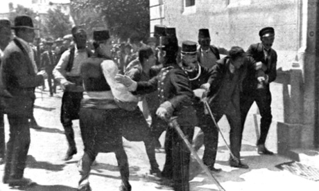 One of the pictures used in AJP Taylor’s The First World War: An Illustrated History, showing Gavrilo Princip, right, being captured by police in Sarajevo.