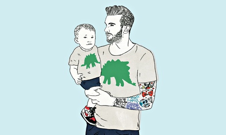 Illustration of a dad with tattoos holding a baby