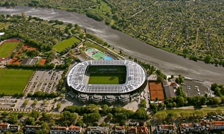 Aerial view, Weserstadion, stadium with solar panels on the roof, Bremen, Germany