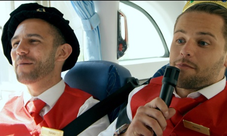 In tune?  Sanjay Sood-Smith and James Hill sing on the bus.