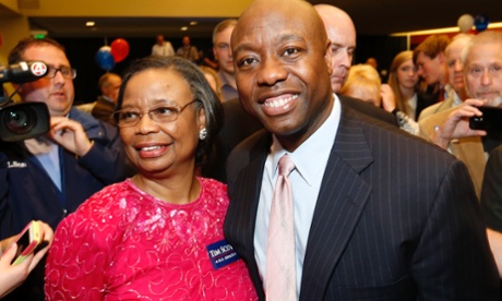 Sen. Tim Scott, R-S.C. smiles with his mother Frances Scott after winning his Senate race over challengers Jill Bossi and Joyce Dickerson, Tuesday, Nov. 4, 2014.