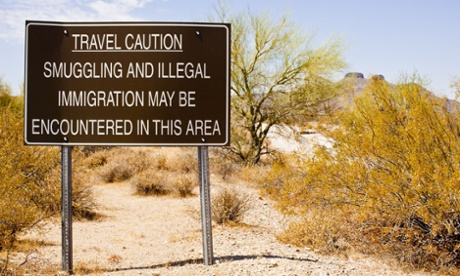 Signs at the Sonoran Desert National Monument Smuggling and immigration signs in the Mexican border area, Arizona.