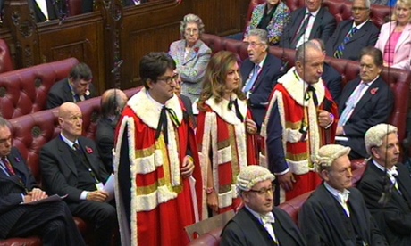 Lord Feldman, Karren  Brady and Lord Sugar as businesswoman and television star Brady takes her seat in the House of Lords.