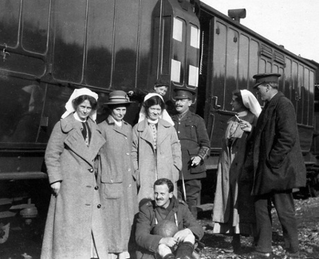 RAMC (Royal Army Medical Corps) doctors and nurses taking a break from working on No 16 ambulance train which went to and from the front