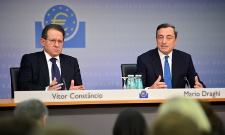 Mario Draghi (R), president of the European Central Bank (ECB) and his Vice-President V  tor Constancio (L) speak to the media following the monthly ECB board meeting on November 6, 2014 in Frankfurt, Germany.