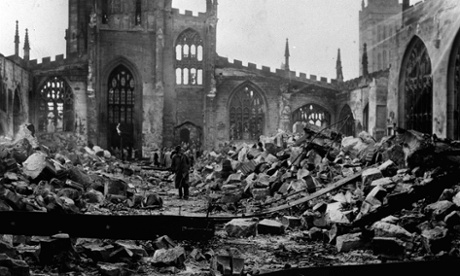 The ruins of Coventry Cathedral after the medieval building was destroyed by Luftwaffe bombs during the 'Baedecker raids' of the second world war in November 1940.
