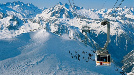 A cable car taking skiers up Gemsstock. Much of the area's ski infrastructure is set to be upgraded as part of the SkiArena Andermatt Sedrun project.